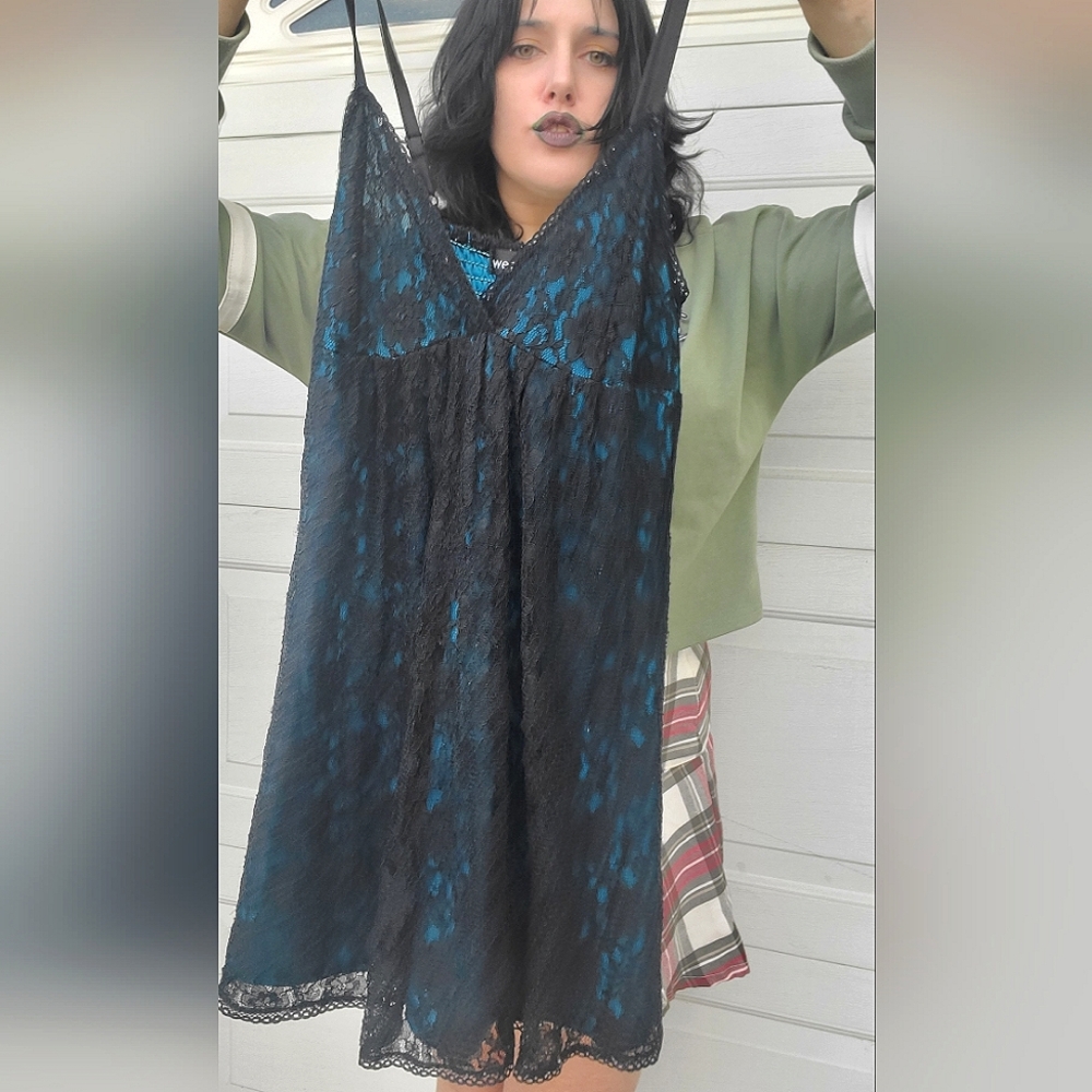 Black lace blue turquoise mini dress